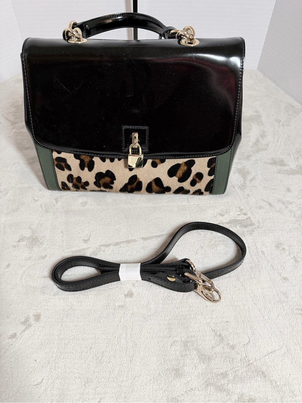 Black Leather and Leopard Accent Top-Handle Satchel - Picture 9 of 9